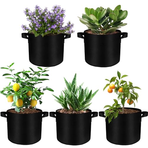 Solaverano 5 Stück 20 L Pflanzsack, Pflanztasche aus Filz & Vliesstoff, Garten Gewächshaus Pflanzbeutel Pflanztopf, Growbags mit Griffe für Tomaten, Kartoffeln, Erdbeeren (5 Gallonen)