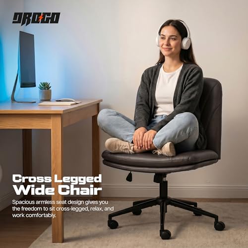 Image of DROGO Zen Cross Legged Office Chair for Work at Home, Pu Leather Accent Chair for Long Hours Sitting Comfort, Armless, Adjustable Height & Tilt Lock Recline | Computer Chair for Home Office(Brown)