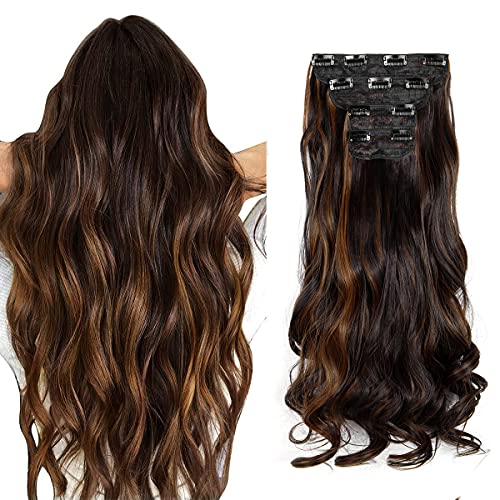 OKHOTY Long Wavy Hair Extensions Light Brown Clip in Synthetic Hair Extensions Hairpieces for Women 18 Inches Full Head 4PCS 220g (Dark Brown Mix Light Auburn)