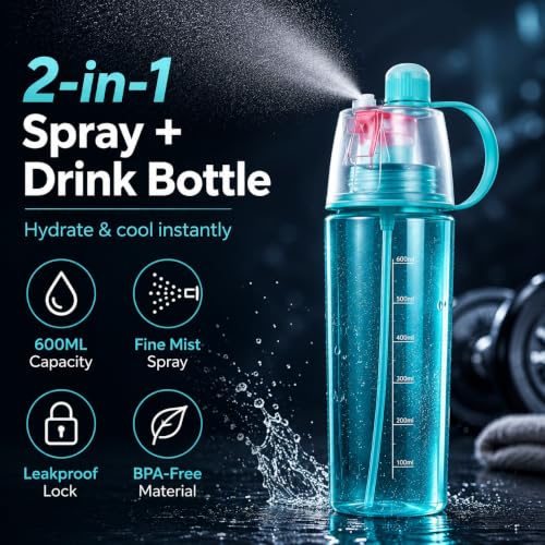 Image of Spray Water Bottle 600ml for Kids, 2-in-1 Mist & Drink Sports Sipper Bottle with Straw, Leakproof BPA Free Plastic Cooling Spray Bottle for School, Gym, Cycling, Travel, Outdoor Summer Water Bottle