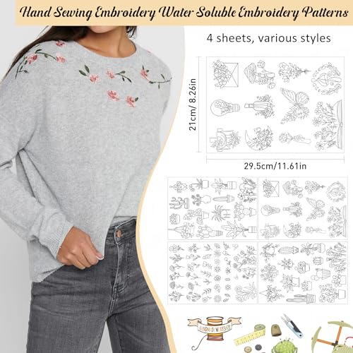 Stick & Stitch Embroidery Designs - Stick & Stitch Embroidery Paper Wash Away, 4 Sheet Water Soluble Stabilizer for Embroidery, Flower Plant Cactus Butterfly Moon, Suprise for Hand Sewing Lover