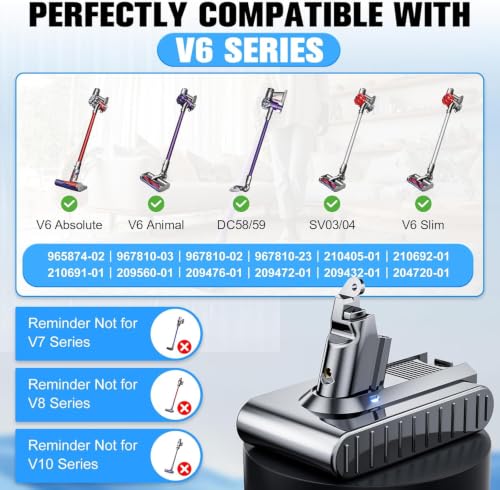 Image of 10000mAh V6 Battery Replacement for Dyson V6 VTC4 SV03 SV04 SV05 SV06 SV07 SV09 DC58 DC59 DC61 DC62 DC72 DC74 Absolute Animal Motorhead 21.6V Battery Vacuum Cleaner with 2 Filters