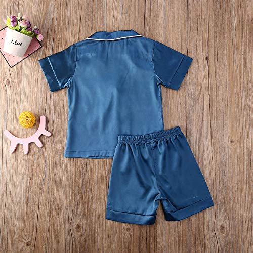fyclemt Toddler Baby Girl Boy Silk Pajamas Set Solid Color Short Sleeve Button Shirts Top Shorts Satin Sleepwear Lounge Sets4