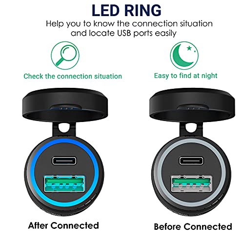 Image of [2 Pack] Din Hella to USB - Qidoe MINI Waterproof Aluminum Din Plug Motorcycle Power Adapter 30W USB C PD3.0 Din USB 18W QC3.0 Quick Charge Blue LED Ring 12V /24V Ducati Triumph Motorcycle Accessories