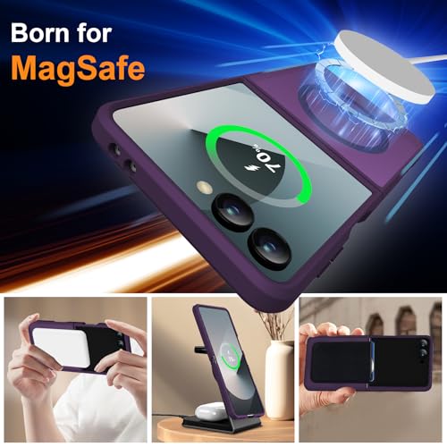 Image of ORETECH Magnetic for Samsung Galaxy Z Flip 7 Case, with [2 x Screen Protector] Translucent Back Non-Slip Hard PC Shockproof Bumper Protective Case for Samsung Z Flip 7 - Deep Purple