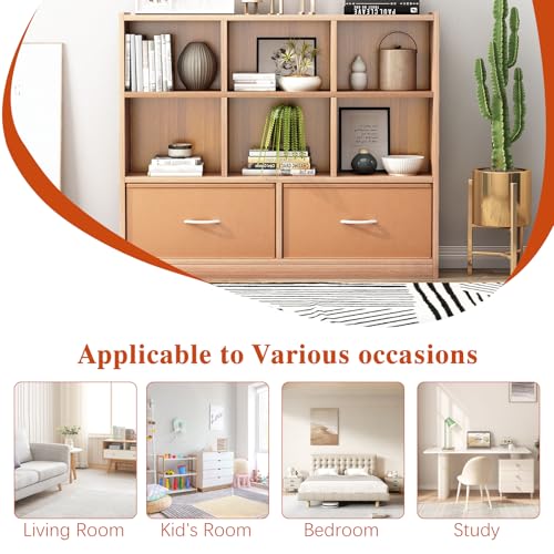 Cube Bookshelf Storage Organizer Bookcase,8 Cube Open Mid-Centur Shelf,Freestanding Display Bookshelve, Modern Wide Kids Toy Shelf with Drawers for Bedroom Living Room Office (Natural) - Image 5