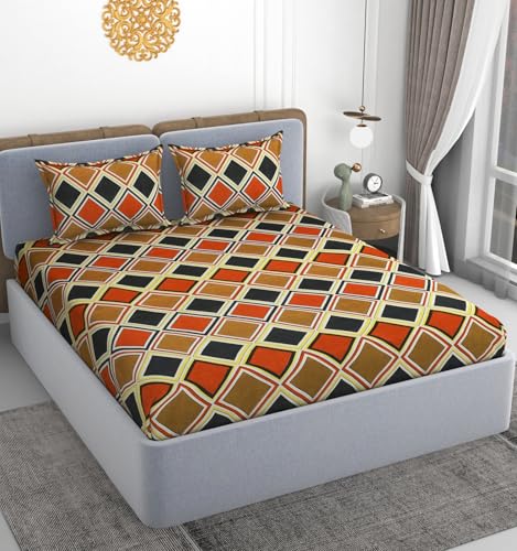 Image of VOMZER 300 TC Cotton Feel All Around Elastic Fitted Queen Size Printed Bedsheets, Supersoft Elastic Fitted Double Bedsheet with 2 Pillow Covers, Size 60x78x8 Inches White