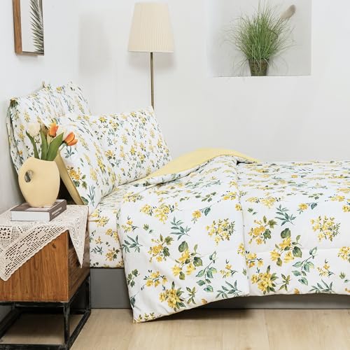 Image of lasoftan Floral King Comforter Set with Sheets, 7 piece Luxury Vintage Bedding, Soft Microfiber Bed in a Bag, Cozy Lightweight Bed Set, Yellow Flower Green Leaves