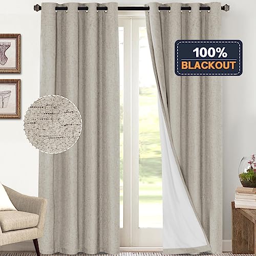 Image of PrinceDeco 100% Blackout Curtains 108 Inches Long 2 Panels Set Black Out Linen Curtains for Bedroom Living Room Thermal Insulated with White Liner Extra Long Curtains for Windows(52x108 inch,Stone)