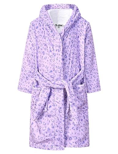 Jxstar Girls Bathrobes Kids Hooded Robes Plush Soft Coral Fleece Leopard Pajamas Sleepwear,Size 6 7