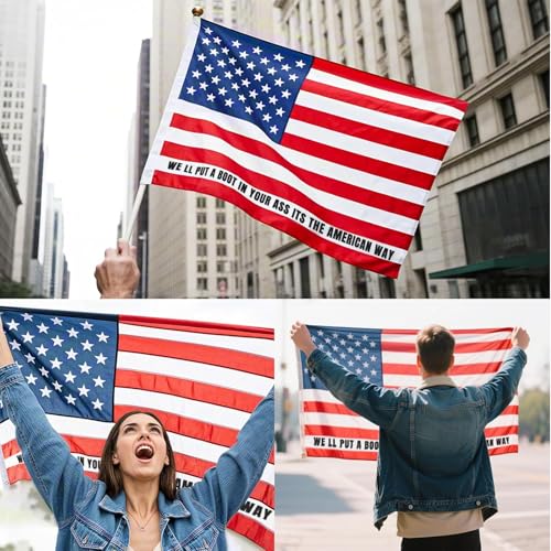 Image of 3x5 FT American Flag - Double-sided printing USA Flag with Bold Quote inchWe'll Put a Boot in Your As s It's the American Way inch,Made of Polyester,Vibrant Colors, Brass Grommets for Outdoor & Indoor Display