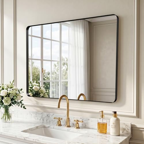 Image of 40 inchx30 inch Bathroom Vanity Mirror for Wall Aluminum Framed Farmhouse Rectangle | Anti-Rust, HD Reflection Anti-Desilvering, Distortion Free, Tempered and Shatter-Proof Wall Mounted Mirror, Black