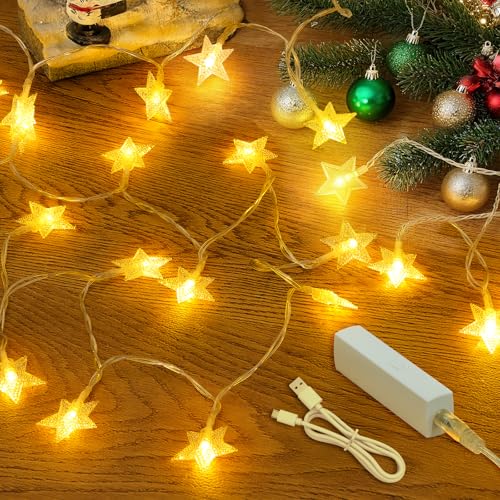 Lichterkette Sterne Aufladbar, 50LED Batteriebetriebene Lichterkette mit 8 Modi Timer, Funkelnde Lichter Dekoration Innen für Schla fzimmer, Weihnachten, Hochzeiten, Geburtstage Valentinstag, Warmweiß