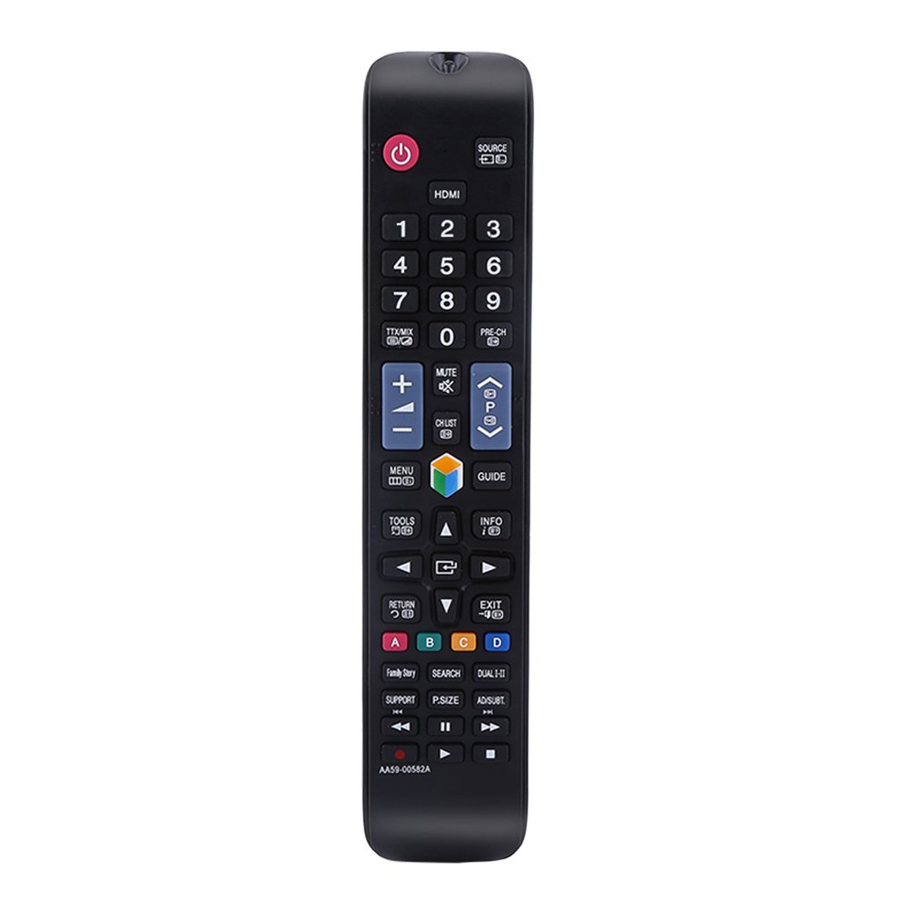 Remote control held in hand, showing top buttons and IR emitter