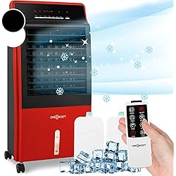Ventilador Equation Milton 2 OneConcept Aire Acondicionado Portatil 4 en 1, Pinguino Aire Ventilador, Humidificador, Purificador y Ionizador, 2 Packs Hielo, 8L, Mando, Temporizador 9H, 360 m³/h, 65W, Climatizador