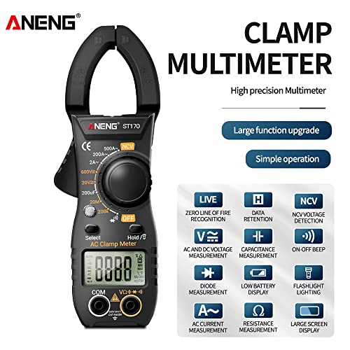 Medidor de pinza digital portátil ST170 - Multímetro amperímetro para corriente DC/AC, voltaje, prueba de diodo y capacitancia, pantalla retroiluminada miniatura 3