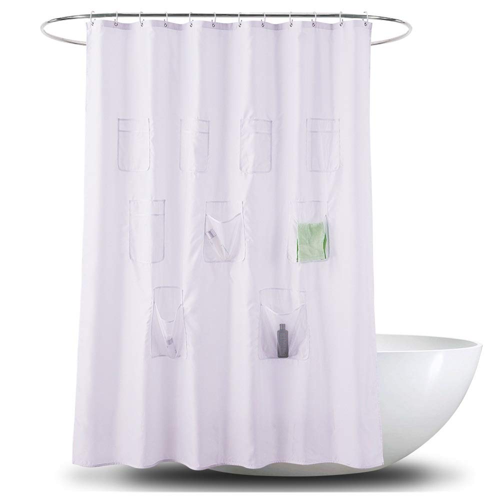 Ofgcfbvxd Durable Multifunctional Plain Polyester Waterproof Pocket Shower Curtain Storage Curtain Washable Bathroom Curtains (Color : White, Size : 180x180cm)
