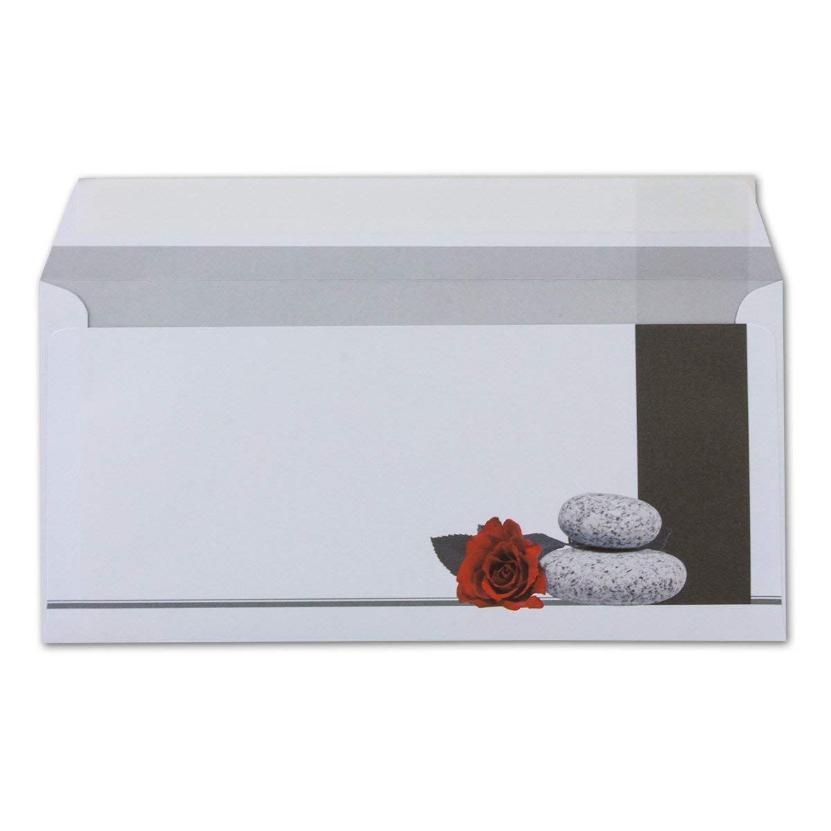 200 Stück Trauerumschlag Serie: Mathilde - Rose, Steine & Trauerkreuz - Haftklebung - DIN Lang 22 x 11 cm - 90 g/m² - Trauerhülle - Briefumschlag