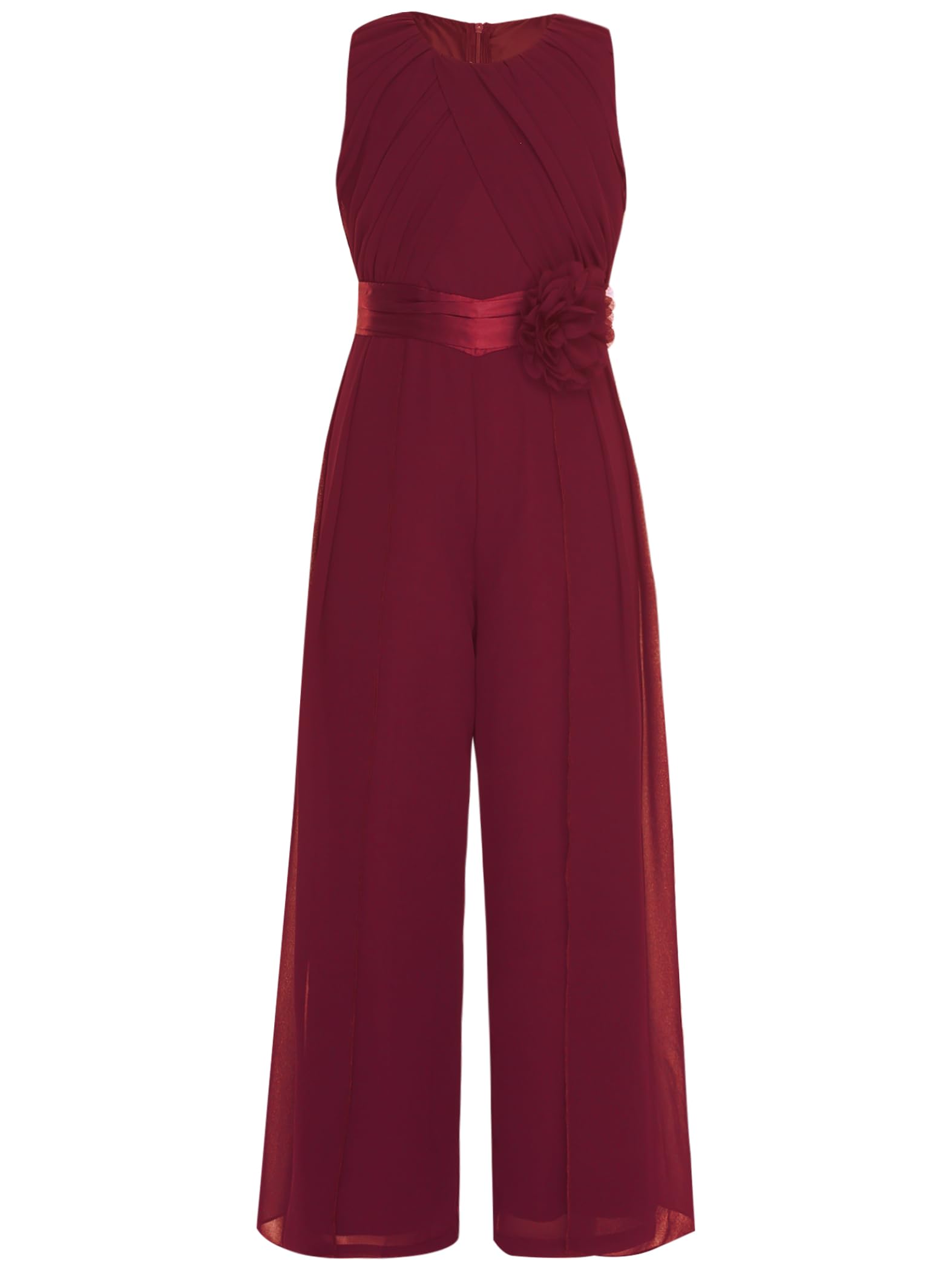 Mädchen Jumpsuit Festlich Overall Elegant Hosenanzug mit Blumen Taillengürtel Weites Bein Hose Festlich Hochzeit Geburtstag Party Outfits Burgundy 158-164