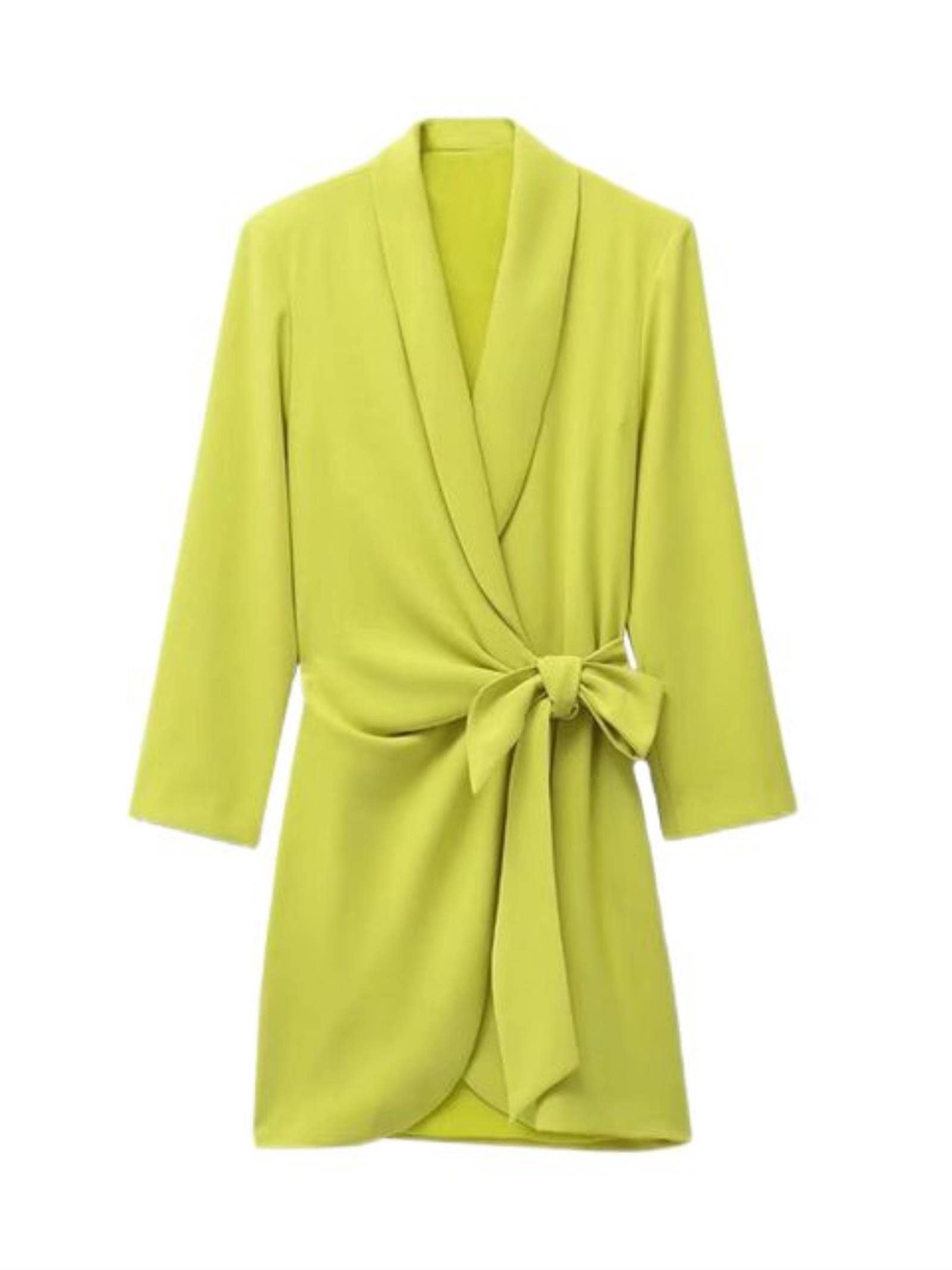 Moda donna con fiocco legato pieghettato Wrap Mini abito Vintage V collo manica lunga abiti femminili