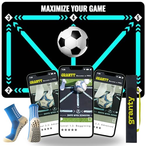 GRANTY Tapete de treino de futebol COM APP - Inclui Kick Throw + Meias + Saco + APP de treino com vídeos interativos - Tapete de futebol para treino