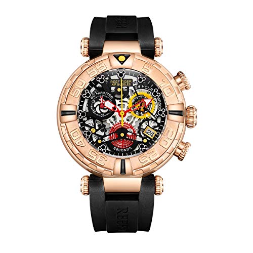 Reef Tiger Top Brand Mens Sport Watches Chronograph Rose Gold Skeleton Watches Rubber Strap RGA3059-S (ZRGA3059-S-PBBB)