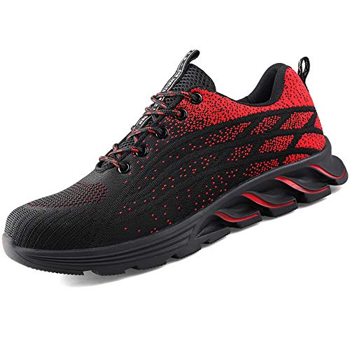 NEUSOP Zapatos de seguridad para hombre S3, zapatos de trabajo para hombre, ligeros, deportivos, transpirables, con puntera de acero, rojo, 42 EU