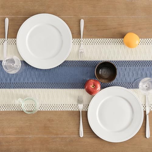 Image of ZeeMart Macrame Style Bicolor Stitching Table Runner, 14 x 48 Inch Blue /Ivory, Boho Blue Table Runners 48 Inches Long, Farmhouse Woven Home Decor