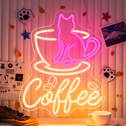 Image of Coffee Cat Neon Sign Dimmable Pink LED Wall Light for Cafe Station Decor | 15.7IN*12.5IN,Five level brightness adjustment,USB powered,For Coffee Kitchen Corner Club Window Decor,Party Gifts