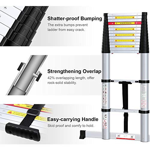 WolfWise 15.5FT Aluminum Telescoping Ladder with Stabilizer, Telescopic Extension Ladder 330 Pounds Capacity