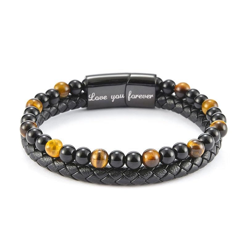 The Guardian - Son'S Tiger Eye Bracelet, Shielded By Love To Son Leather Black Bead Cuff Bracelet From Mom Dad Birthday Jewelry Gift For Men3