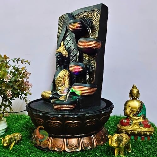 Image of Meditating Buddha Four Step Diya Water Fountain for Home Decor /Office /Indoor & Outdoor /Garden /Puja Room /Vaastu with Multicolor LED Light and Adjustable Water Pump (D-067)
