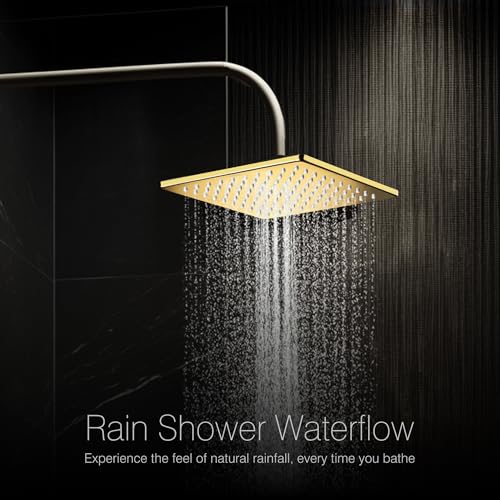 Image of Hindware Italian Collection F160149PGD Overhead Shower for Bathroom | Made of Brass | Wide Head - 200mm | Square Shape | Rain Shower | Color - Gold | Luxury Bathroom Upgrade | High Pressure Rainfall | Home Spa Experience | Anti-Clog Nozzles | Wall & Ceiling Mount Compatible