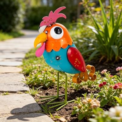 STANKGARDEN Metal Wacky Rooster Garden Statues, 11” Rooster Outdoor Decor Chicken Yard Art Sculptures Decoration for Home Outsiede Patio Lawn Backyard, Gift for Women Lovers Moms(Red & Blue)