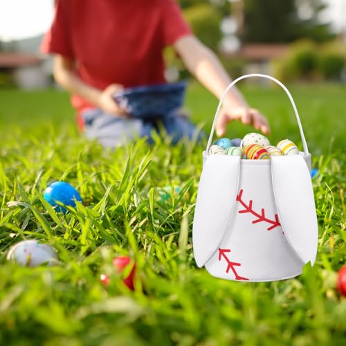 Image of Kacctyen Easter Baseball Bunny Basket Easter Sports Baskets with Rabbit Ears Tote Easter Snack Bags for Easter Egg Hunt Game