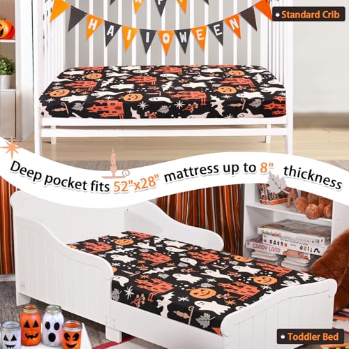 Image of JISEN Halloween Crib Sheet Ghosts Fitted Crib Sheet for Boys Girls Crib Mattress Cover Baby Sheet for Standard Crib and Toddler Mattress Soft Breathable Baby Bed Sheet for Neutral 52x28 Inch Castles