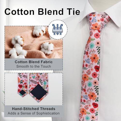 Image of Luckyvestir Mens Ties, Sage /Dusty Blue /Pink Floral Ties for Men, 2.76 inch Cotton Flower Necktie for Wedding /Groomsmen /Party