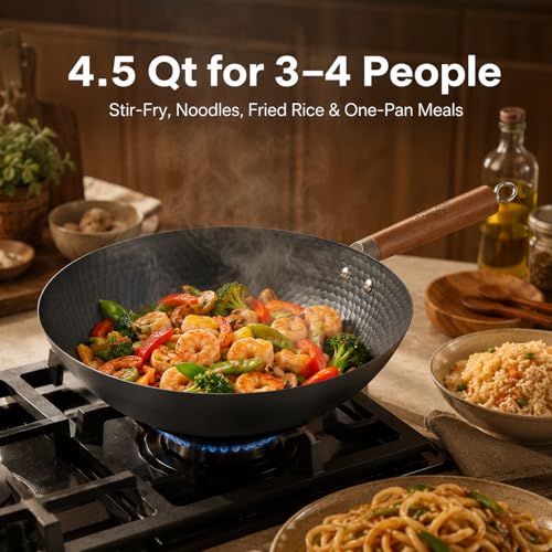 Image of WANGYUANJI Lightweight Carbon Steel Wok Pan with Lid, 12.6 inch Flat Bottom Stir Fry Wok for Induction, Electric & Gas Stoves, 2.9 lb Wok Body, Pre-Seasoned Nitrided Wok, No Chemical Coating