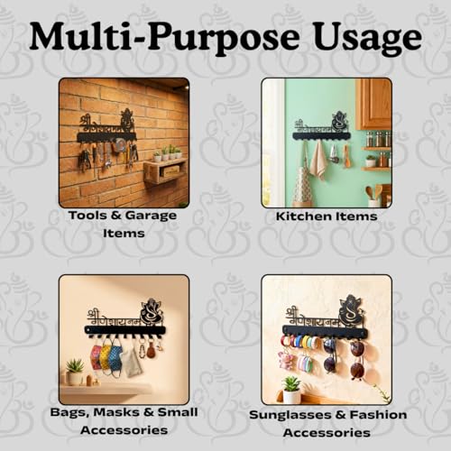Image of Metal Key Holder for Wall with Beautiful Ganesh Design Art, 9 Hooks, Black Matte, Pre-Drilled Holes, Decorative Key Stand & Organizer