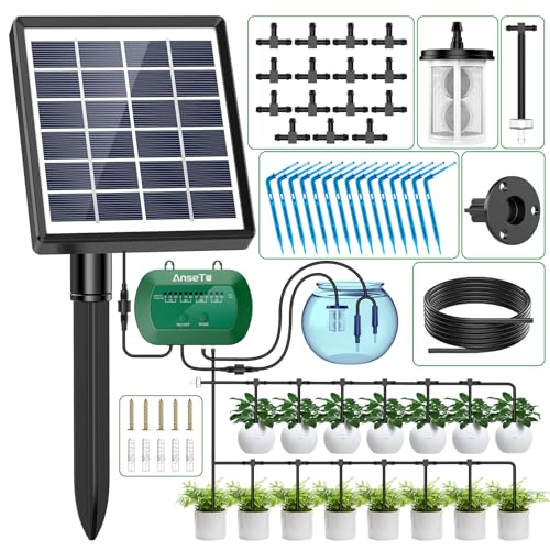 AnseTo Kit Arrosage Automatique Solaire pour Jardin, Systeme Arrosage Automatique Goutte a Goutte avec 15M Tuyau Arrosage, Programmateur Arrosage Automatique...