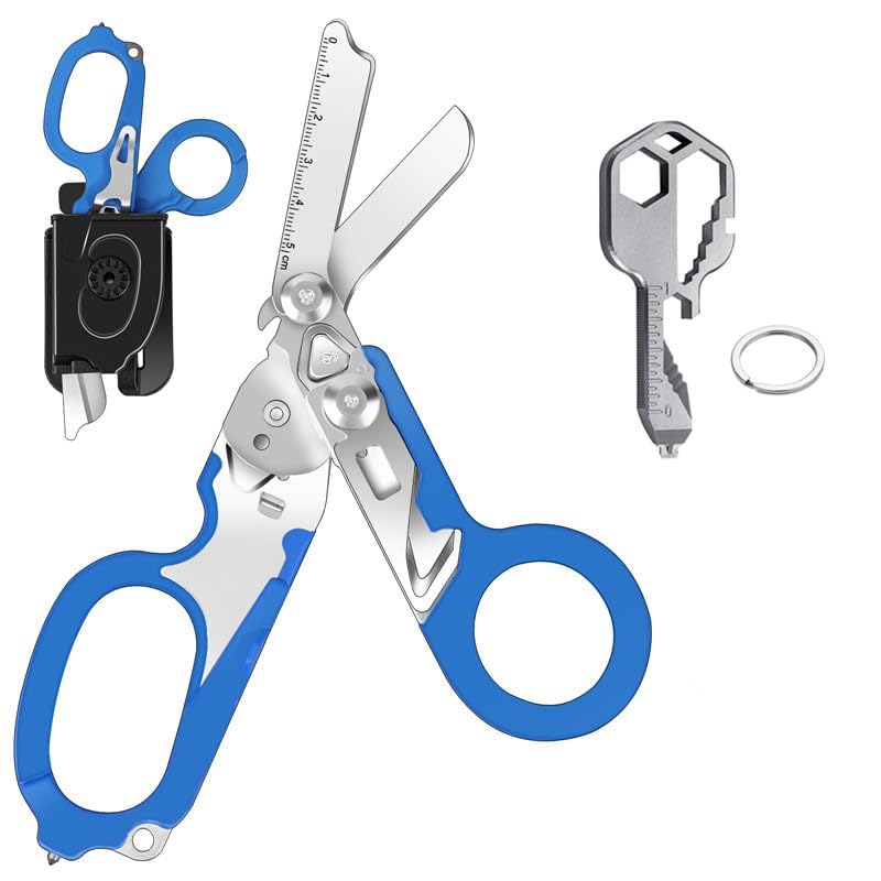 Kevanry 6 in 1 Multi-Function Foldable Trauma Shears with Scissors Pliers & 24 in 1 Multi-Tool Key,Emergency Response Shears with Strap Cutter&Glass Breaker,Rescue Scissors for Outdoor Camping (Blue)
