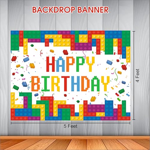 Image of Building Block Birthday Backdrop 5x4 Ft | Backdrops for Decoration | Birthday Decoration Backdrop | Banner for Kids Theme Party