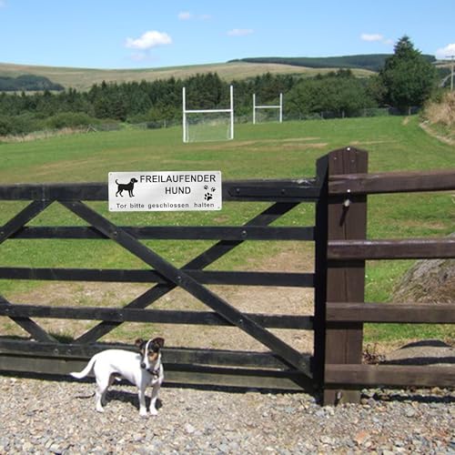 1 Stück Warnschild Hund Achtung Freilaufend, Aluminium mit Selbstklebend & Vorgebohrten Löchern, 25x9cm, Innen/Außen geeignet