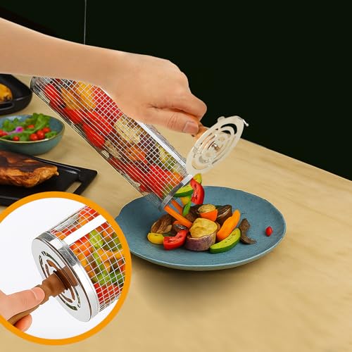 Rollender Grillkorb - 2 PCS Nestbares Rollender Grillkorb Set, 304 Edelstahl mit Abnehmbarem Holzgriff, Für Gemüse und Fleisch, Outdoor Grillen/Camping/Gasgrill Zubehör