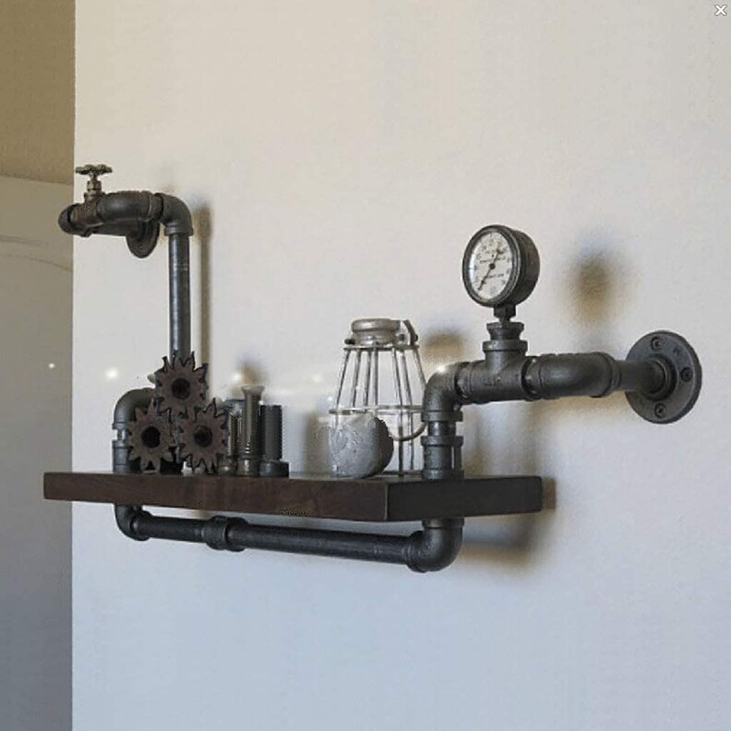 FKKPRVAXFloating Wood Shelf Wall shelve,Industrial Black Metal shelves, with Counter and Faucet, Vintage Decorative Shelves for Living Room, Kitchen, Bedroom, Bathroom - 70x 40x20cm