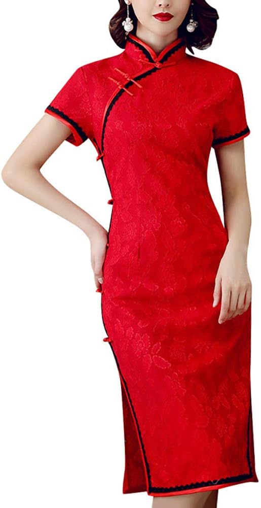 Women's Floral Lace Embroidery Cheongsam Vintage Short Sleeve Side Slit Qipao Midi Dress Chinese Tradtional Costume 1920s Fashion (M, 102# Red)