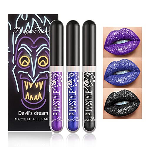 Nvleptap 3Pcs Black Blue Purple Liquid Glitter Lipstick Glitter Lip Gloss Set,Diamond Shimmer Matte Lipstick Set Long Lasting High Pigment Glitter Lip Stick Kit Lip Gloss Set Halloween Makeup Gift cover