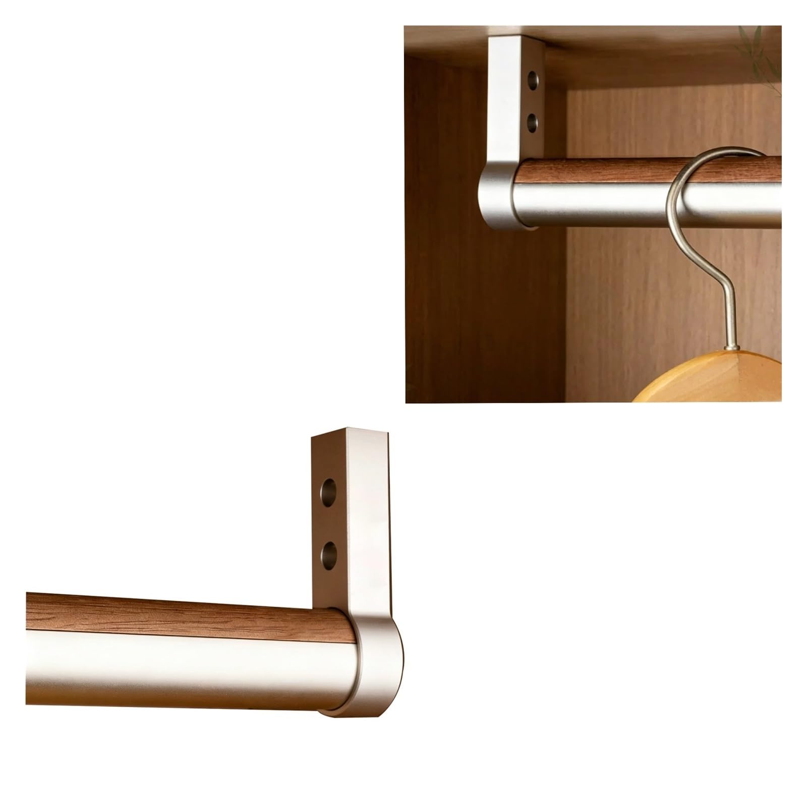 Custom-Length Clothing Rod with Bracket, Closet Hanging Rod Combining Metal and Wood, Silent Anti-Slip Hanger Bar for Bedroom/Laundry/Clothing Store(Silver,35inch/88.9cm)