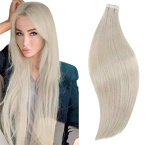 Tape in Hair Extensions Human Hair White Blonde Invisible Hair Extensions Tape on Remy Hair 22 Inch Remy Tape in Hair Extensions for Women Blonde Full Ends Long Human Hair Tape Ins 50g/20pcs