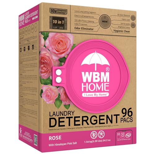 Image of WBM Home 10-in-1 Laundry Pods, Total 96 Count, Ultra Concentrate with Powerful Stain Lifter Technology, Fabric Softener With Rose Extracts, Detergent Pods